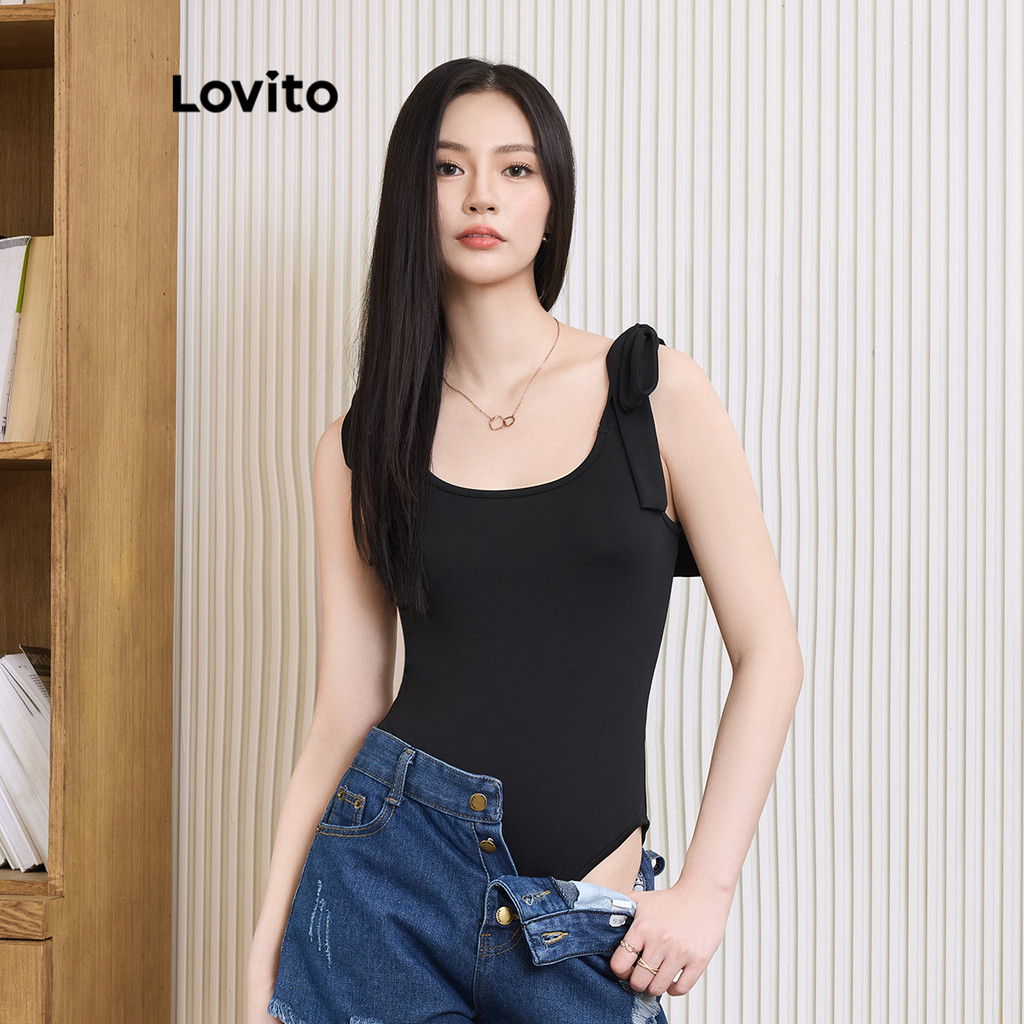 Lovito บอดี้สูทลูกไม้เรียบหรูธรรมดาสำหรับผู้หญิง L99ED168