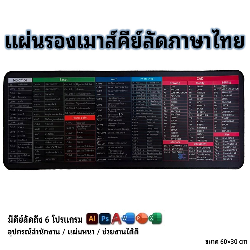 แผ่นรองเมาส์คีย์ลัดภาษาไทย ขนาดใหญ่ แผ่นรองคีย์บอร์ด อุปกรณ์สำนักงาน