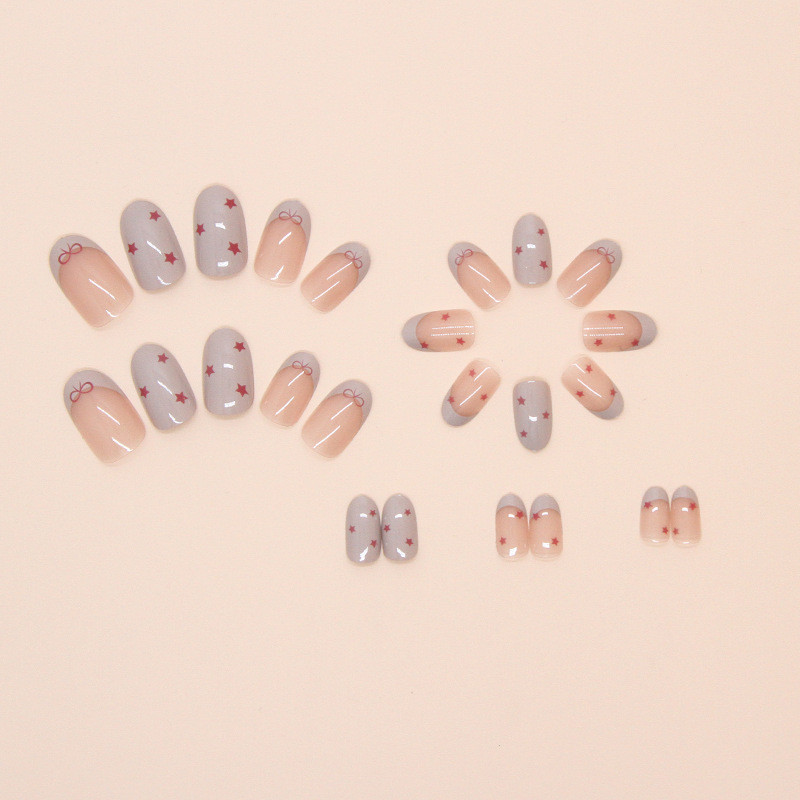 (พร้อมกล่อง) สีแดงรูปดาวห้าแฉกและโบว์แบบสไตล์ฝรั่งเศสเล็บปลอมรูปไข่เล็บปลอม 24 ชิ้น/กล่อง R876 - รูปที่ 3