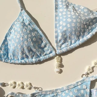 🌸ส่งไวจากไทย 🌸ชุดว่ายน้ำผู้หญิง บิกินี่เซ็กซี่สายฝอ ผูกเอว triangle bikini แต่งจี้มุกเปลือกหอย สีฟ้า