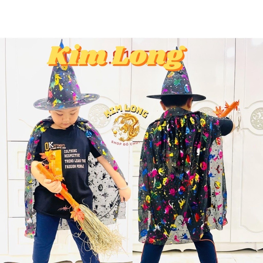 ชุด 3 ชิ้น 7 สี PATTERN WITCH HAT AND BRUSH พร้อม WITCH COSTUME COSTUME HALLOWEEN HCM