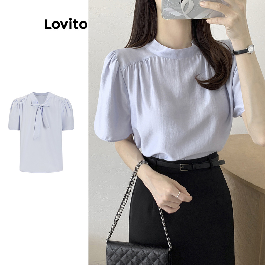 Lovito เสื้อเบลาส์ลูกไม้เรียบๆสบาย ๆ สำหรับผู้หญิง L105MD619