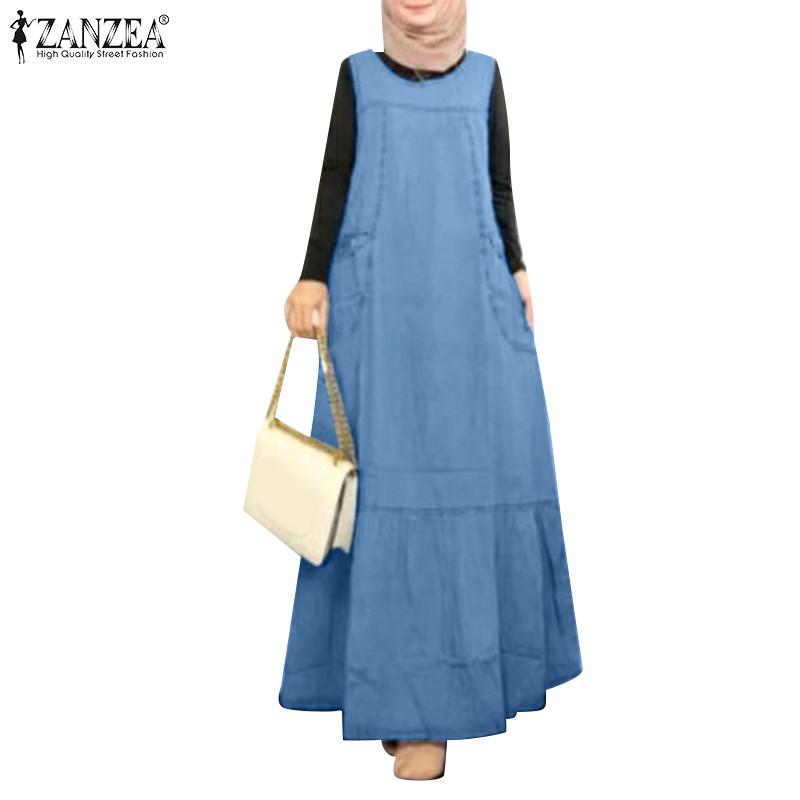 Zanzea ชุดเดรสลําลองแขนกุดสตรีมุสลิมสไตล์สตรีท Frilled Hem