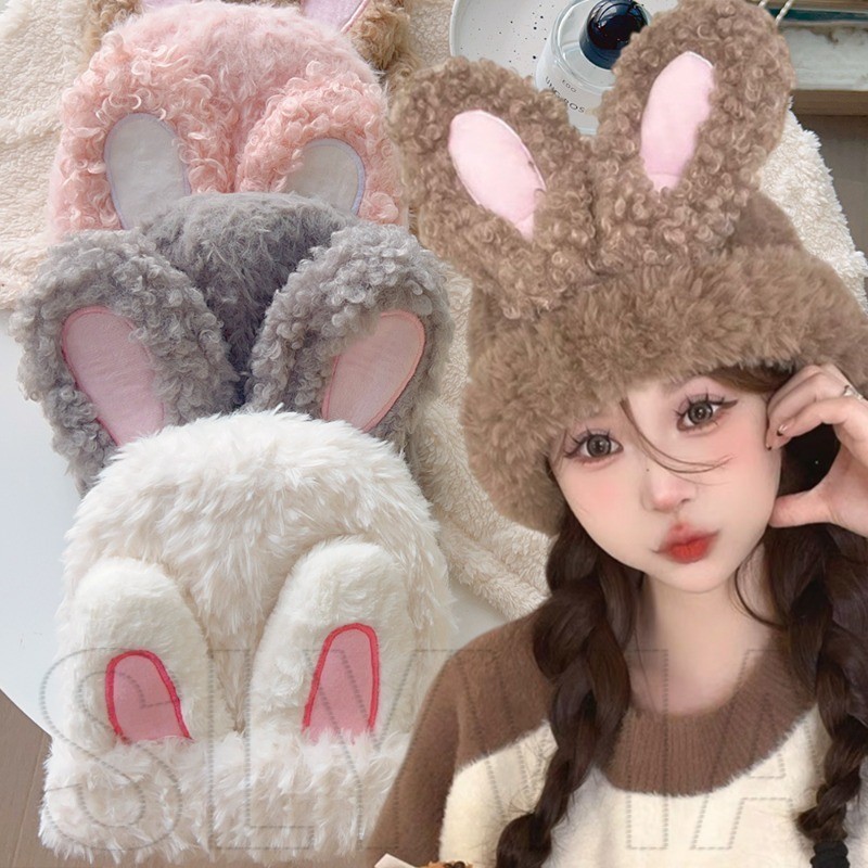 หมวกหูกระต่ายน่ารัก-กันลมให้ความอบอุ่น-หมวกถังปุย-หมวกปิดหูกันหนาวคู่-สําหรับฤดูใบไม้ร่วงฤดูหนาวกีฬากลางแจ้งสวมใส่-อเนกประสงค์,แสดงใบหน้าขนาดเล