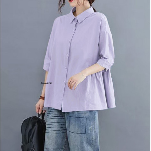 S422 - เสื้อผ้าฝ้ายคอปกเชิ้ต แขนสั้น โอเวอร์ไซส์