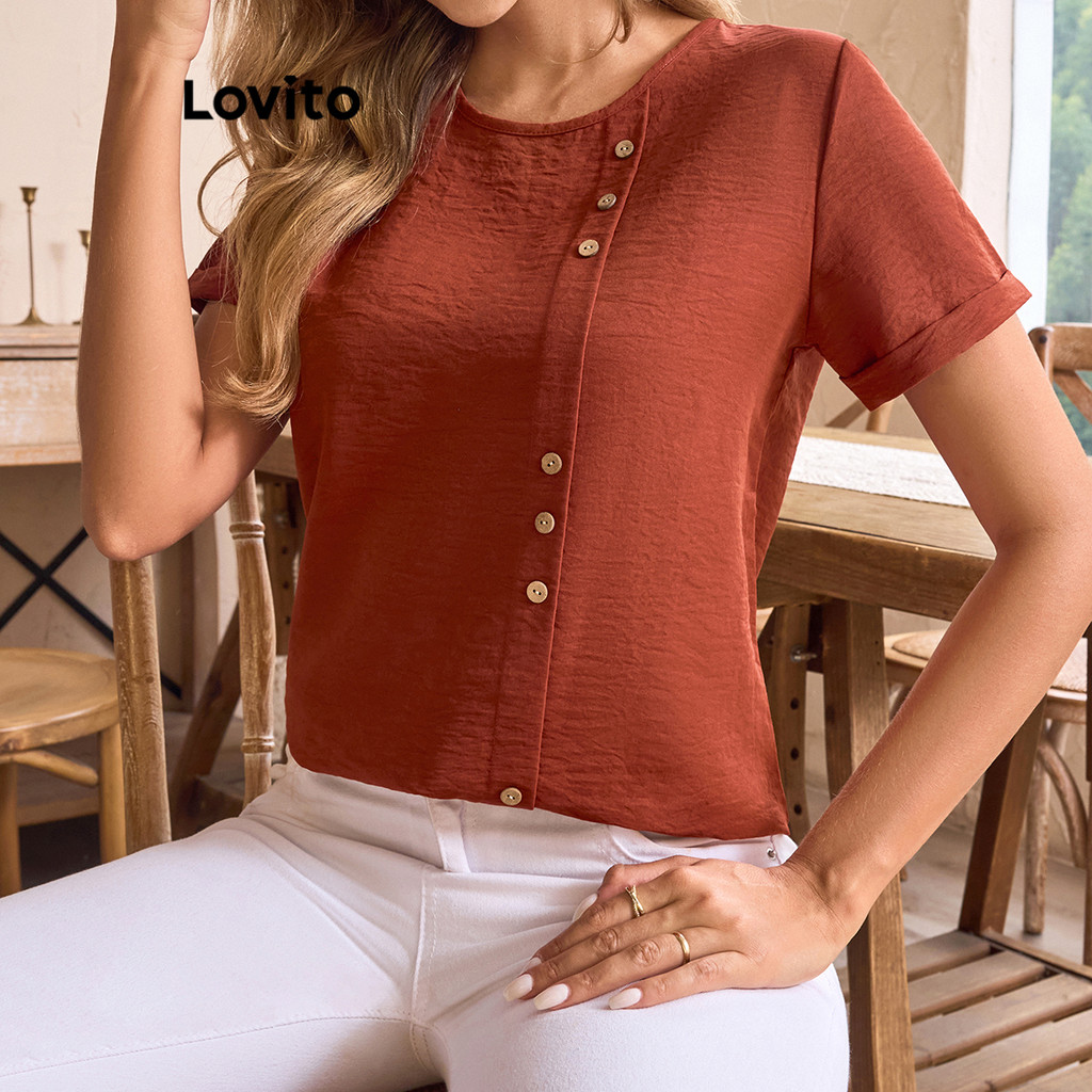 Lovito เสื้อเบลาส์กระดุมธรรมดาสบาย ๆ สำหรับผู้หญิง LBL17107