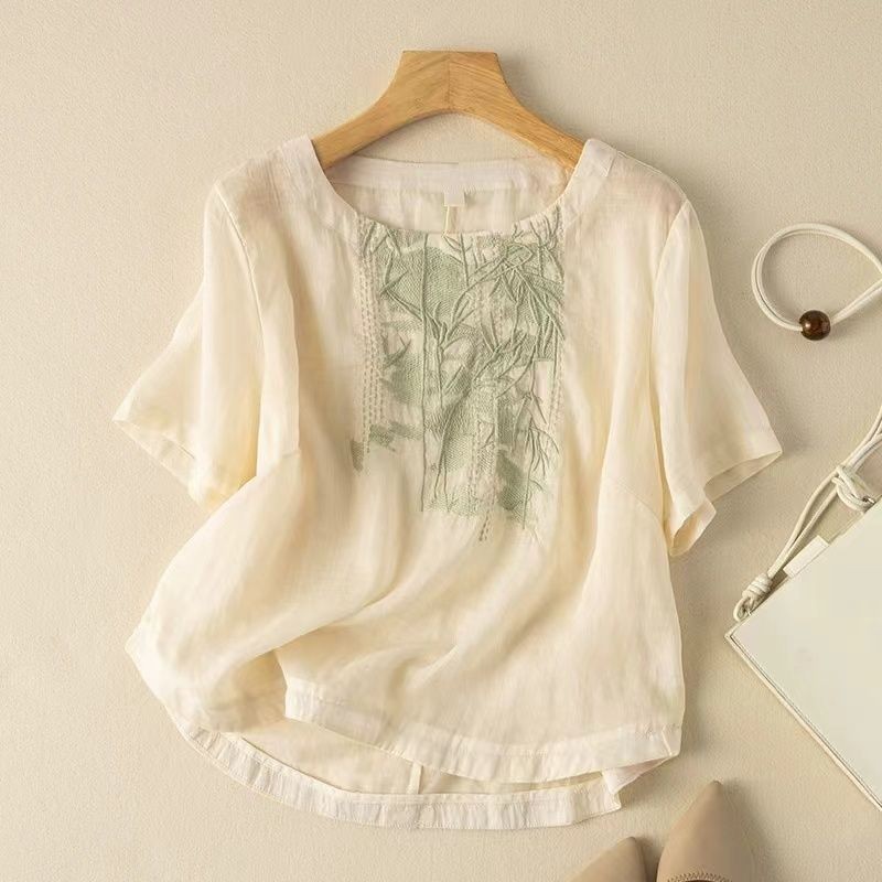 ผ้าฝ้ายลินินแขนสั้นเสื้อยืดสุภาพสตรีสวมใส่ฤดูร้อนที่เรียบง่ายทุกการแข่งขันสไตล์ใหม่หลวมอายุลดสไตล์ตะวันตกแม่เสื้อขนาดเล็กชั้นยอดเสื้อผ้าผู