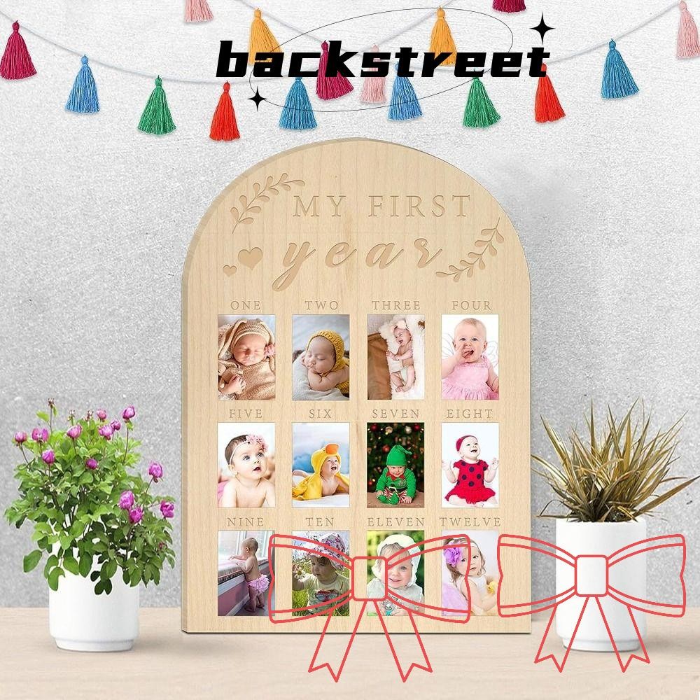 Backstage My First Year Photo Display, Wood Board 12 Month Baby Picture Frame, Calendar Card Babys First Year Photo Frame