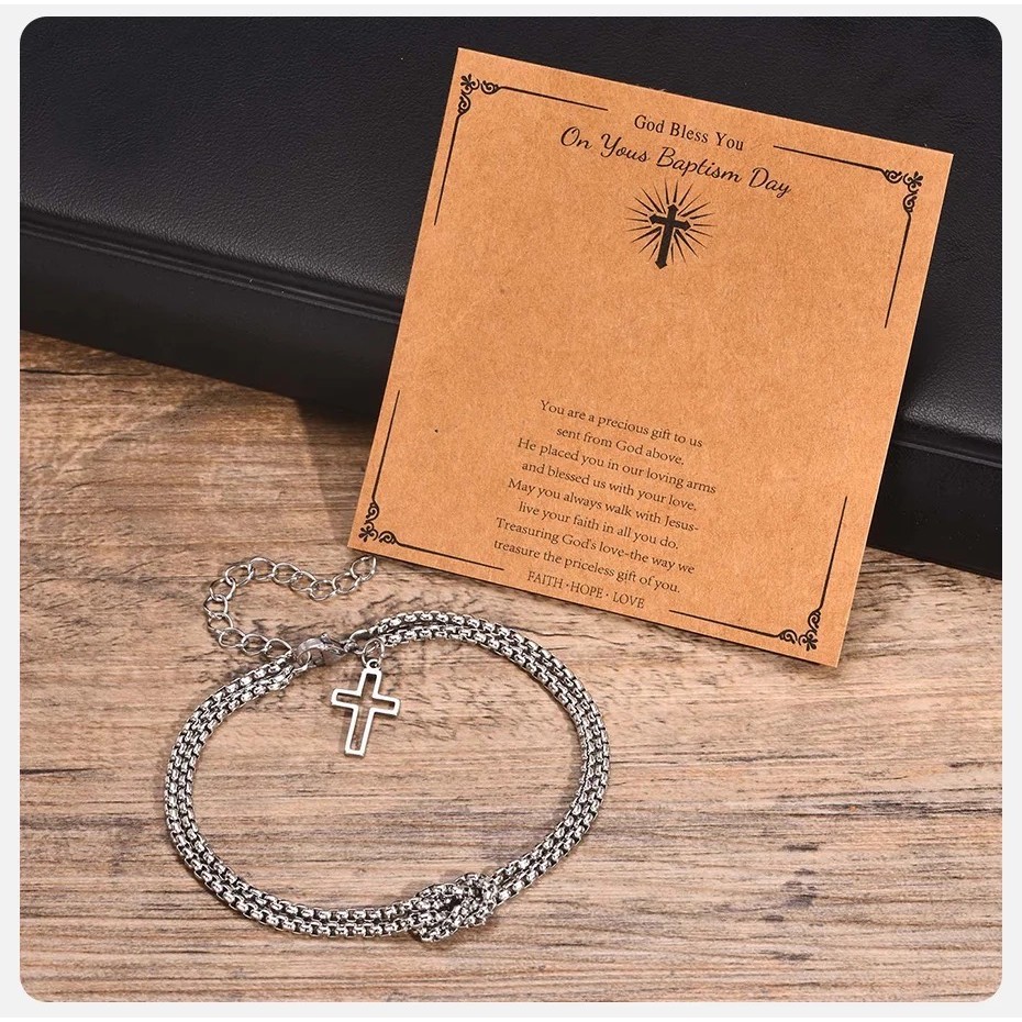 Double Layered Round Box Chain Bracelets for Men Boys Faith Cross Charm Bracelet
