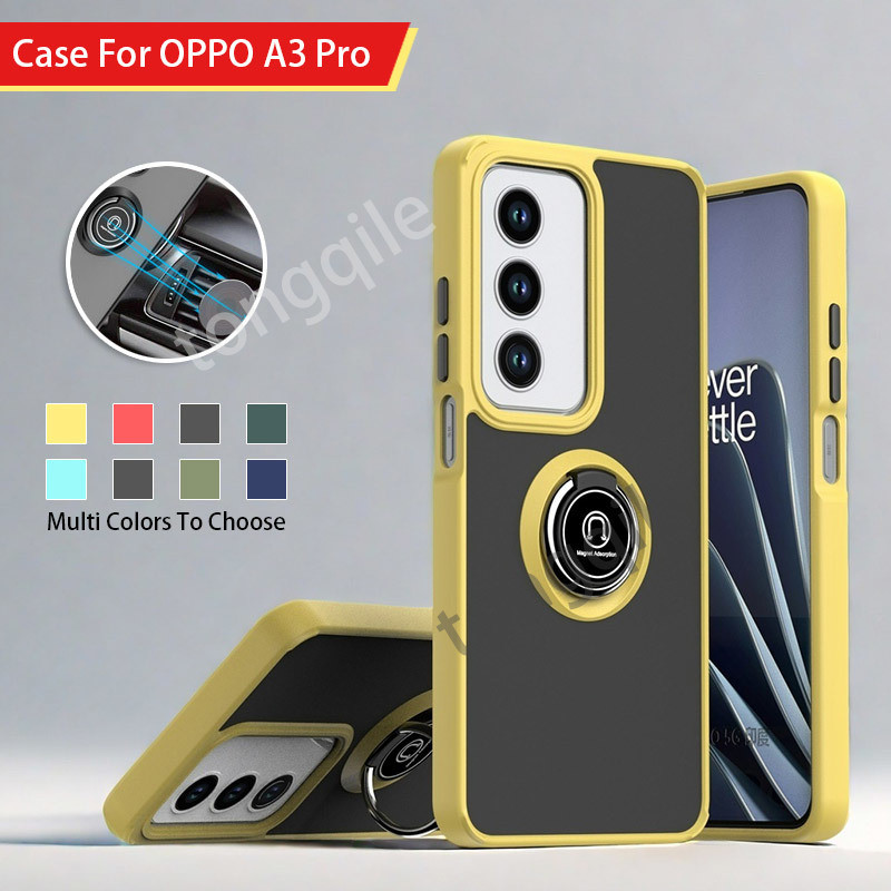 สําหรับ OPPO A3 Pro 3 A3Pro OppoA3 5G 2024 เคสโทรศัพท์ฝาหลังกันกระแทกขาตั้งกันชนผู้ถือแหวนวงเล็บรถแม่เหล็ก Matte โปร่งใสนุ่มลายขอบ