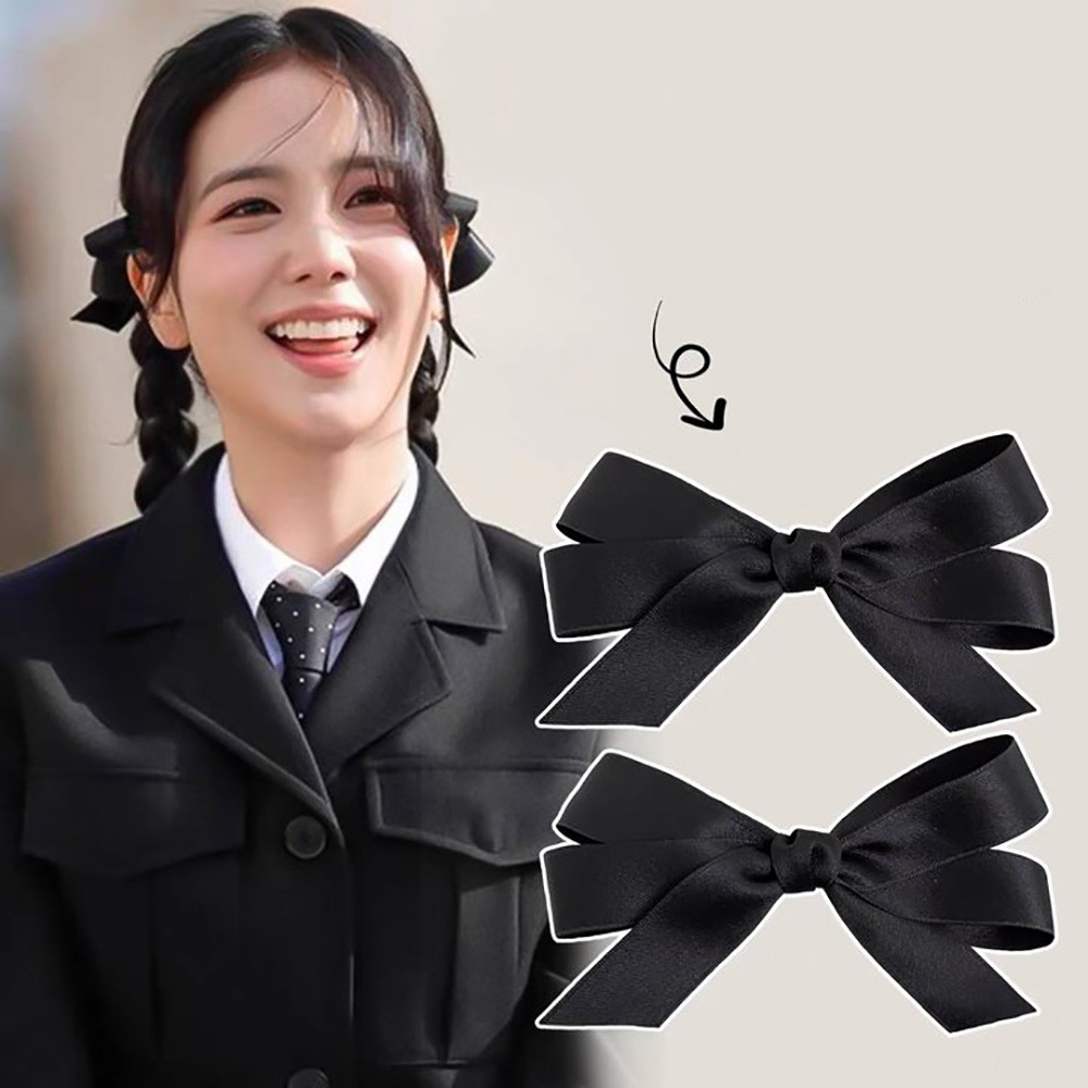 2ชิ้นผู้หญิงสีดําซาตินโบว์กิ๊บด้านคู่ผมหางม้าคลิปอุปกรณ์ผม