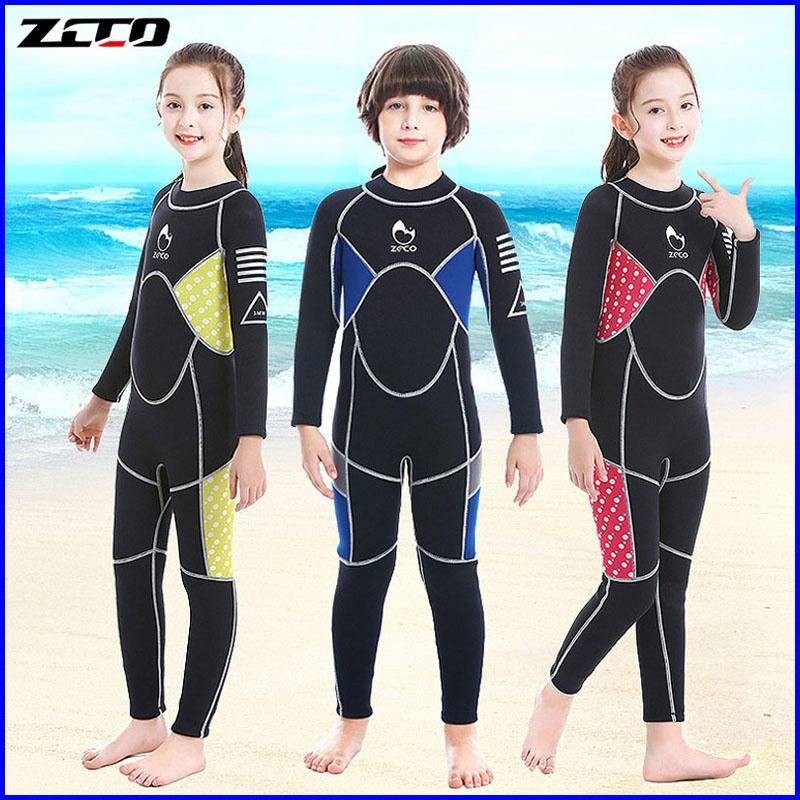 พร้อมสต็อก ZCCO 3mm Wetsuit เด็ก Neoprene ชิ้นเดียวด้านหลังอบอุ่น ykk ซิป Velcro/รอบคอท่องกลางแจ้ง