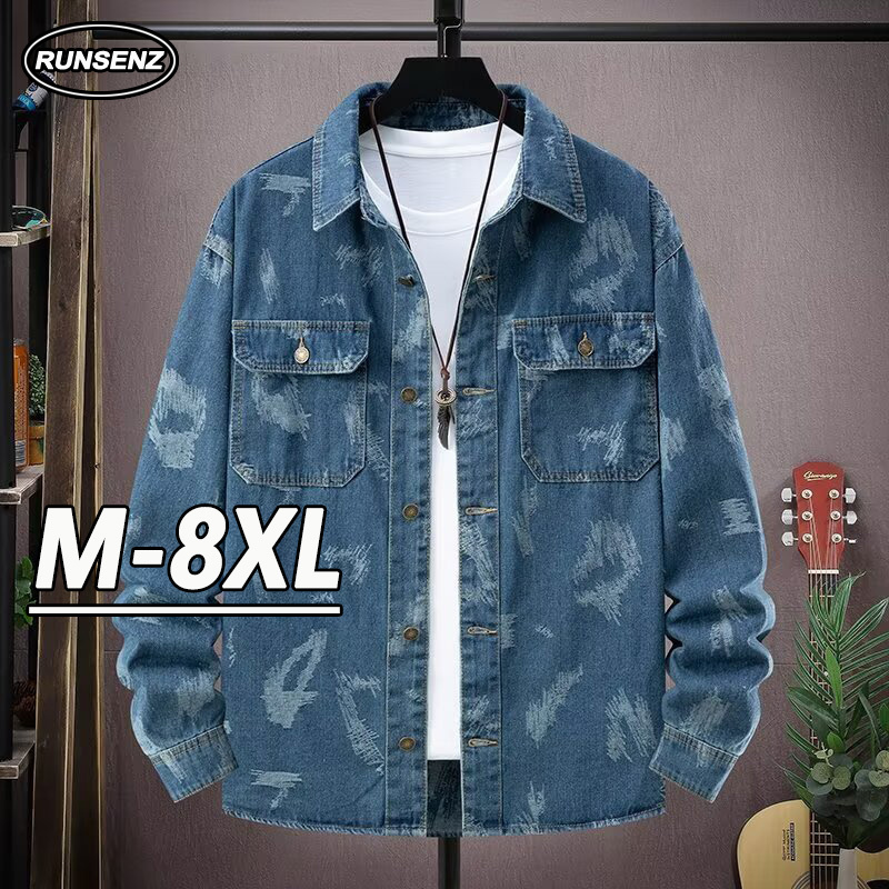 M-8xl เกาหลี High-end Denim แจ็คเก็ตผู้ชาย Plus ขนาดเสื้อลําลองหลวมหนาเสื้อแขนยาว Oversize เสื้อ