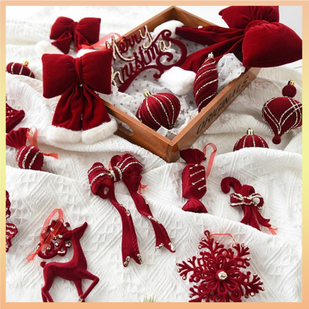 Red Series คริสต์มาส Gecoration Flocking จี้โบว์พวงหรีด Candy ต้นคริสต์มาสแขวนเครื่องประดับ Xmas ปีใหม่ตกแต่งบ้าน