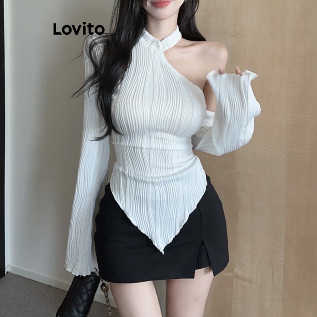Lovito เสื้อยืดผู้หญิง เปิดไหล่ข้างเดียว ผ้าแจ็คการ์ด สีพื้น สไตล์ลำลอง LNE37241 (สีขาว / สีดำ)