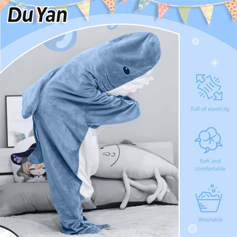 Du Yan ชุดนอนสตรีชิ้นเดียวถุงนอนฉลามตลกน่ารัก Flannel Shark Homewear