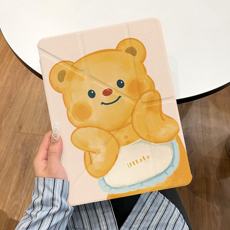 อะคริลิคipadกรณีy + Tripleพับช่องเสียบปากกาสําหรับiPad Gen7 Gen6 Gen5 10.2 นิ้วAir6 Air5 Air4 น่ารักเนยหมีPro11 2022 2024 Gen10 Gen9 Gen8 Anti Drop iPad Cover