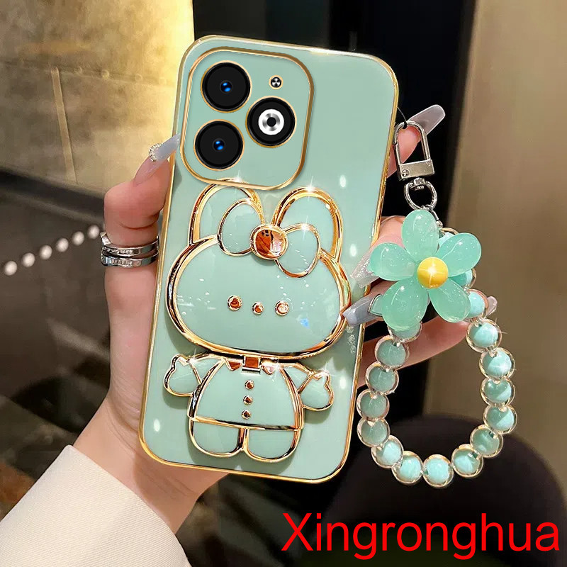 ปลอก tecno spark go 2024 bg6 bg7 infinix smart 8 hot 40i spark 20 20c x6525 kj5 x6528b pop 8 เคสโทรศัพท์ TPU 3D กระต่ายเครื่องสําอางกระจกแต่งหน้าขาตั้ง Ultra Thin Electroplated ดังนั้น