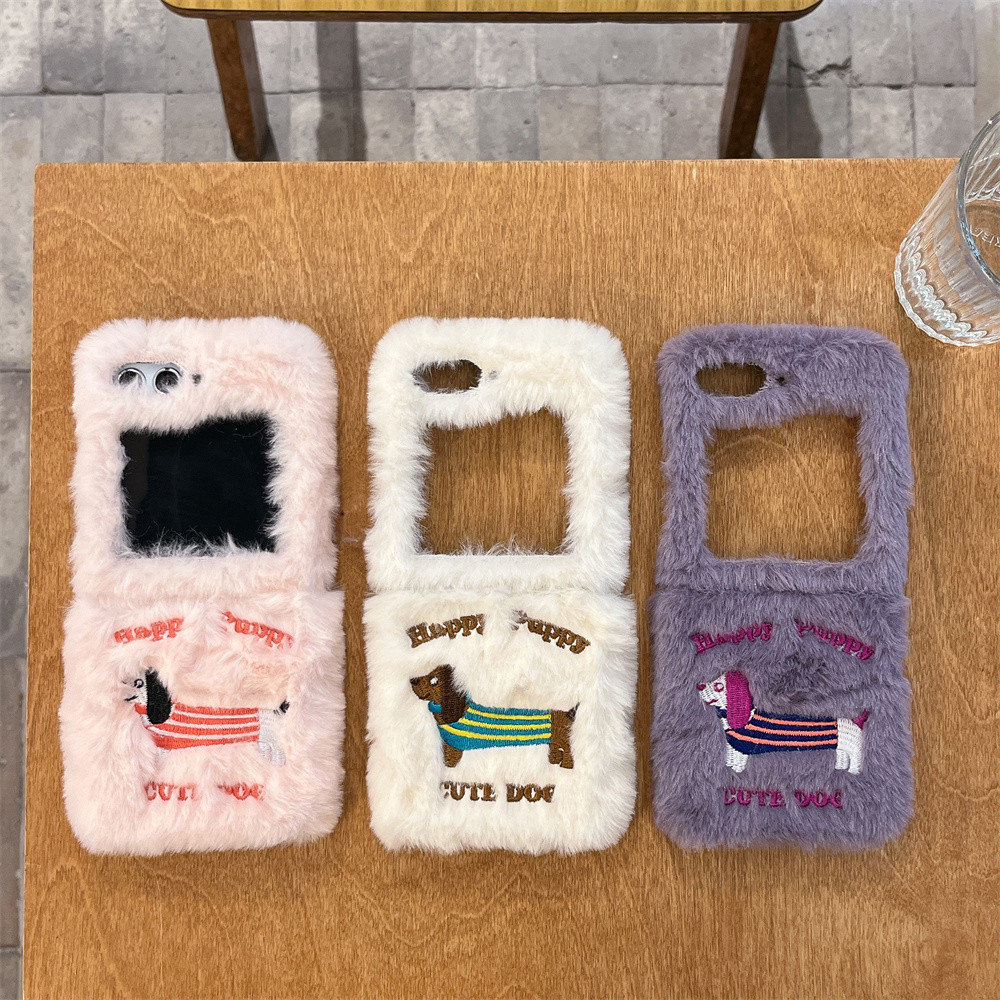 สําหรับ Z Flip5 Fuzzy กรณีฤดูหนาว Warm Plush น่ารักการ์ตูนสุนัขสําหรับ Samsung Galaxy Z Flip 6 5 4 3 ธรรมดานุ่ม Fluffy Anti Drop กรณี
