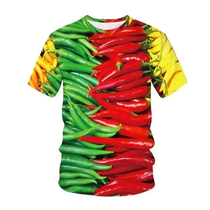 สีเขียวพริกแดง三维พิมพ์เสื้อยืดผักผลไม้รูปแบบออกแบบเย็นทีเสื้อ2024ฤดูร้อนแฟชั่นสันทนาการผู้ชายสวมใส่ประเดิม