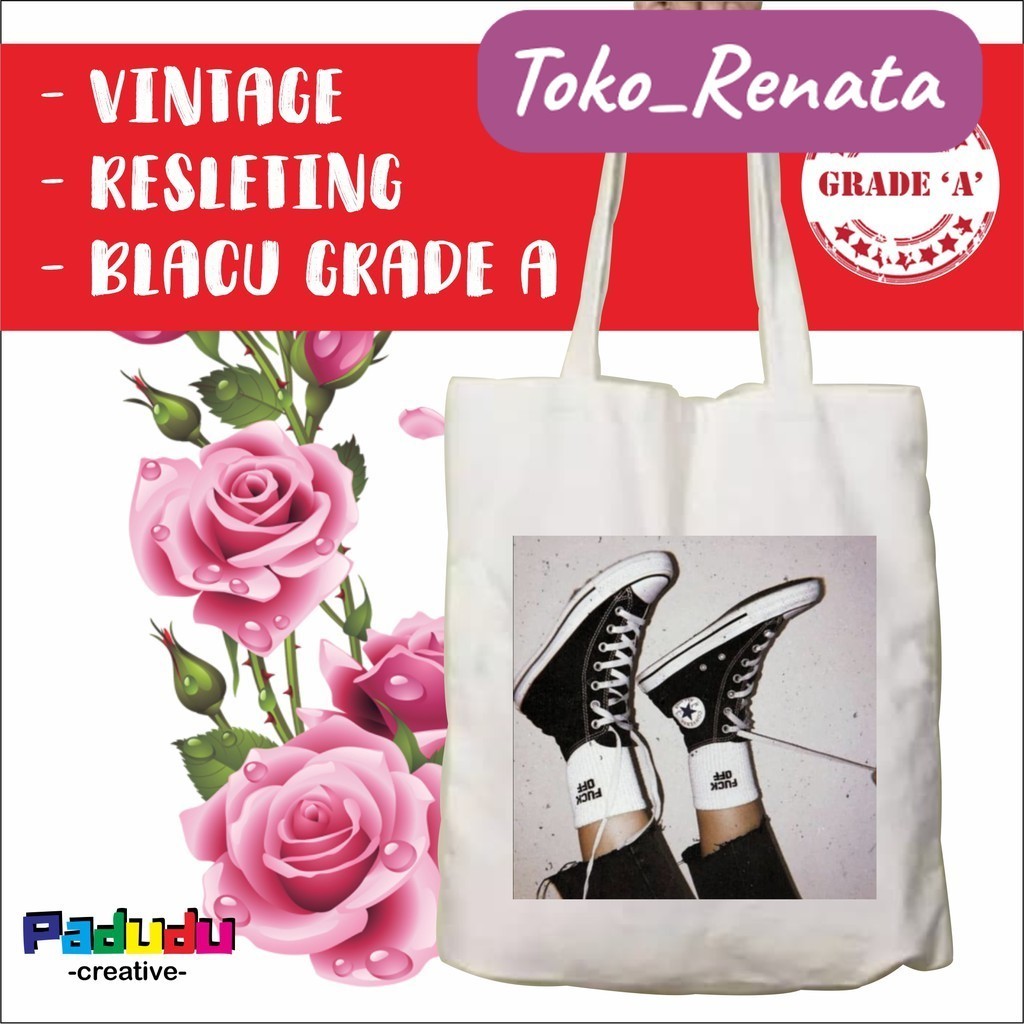 Totebag Vintage Shoes Fuck Off aesthetic Zipper Custom Tote สําหรับผู้หญิงและผู้ชาย Toko_Arsha