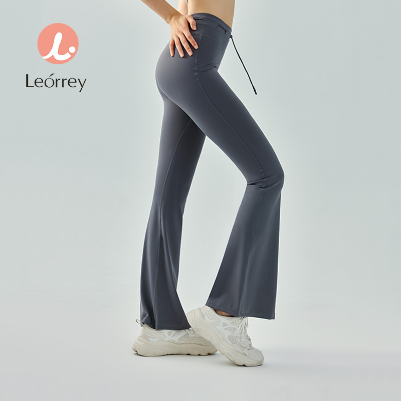 Leorrey-เอวสูง drawstring กางเกงบานสลิมฟิตกางเกงโยคะสะโพกยกกางเกงออกกำลังกาย