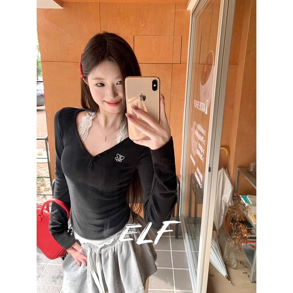 ELFwoo ลูกไม้สีดําเชือกแขวนคอฐานชั้นออกแบบตัดด้านบน