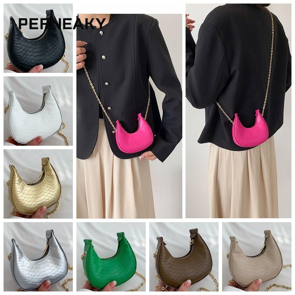 Perneaky กระเป๋าสะพายข้าง, กระเป๋ารูปพระจันทร์ PU สีสันสดใส, กระเป๋าสะพายสายโซ่ดีไซน์แฟชั่นผู้หญิง