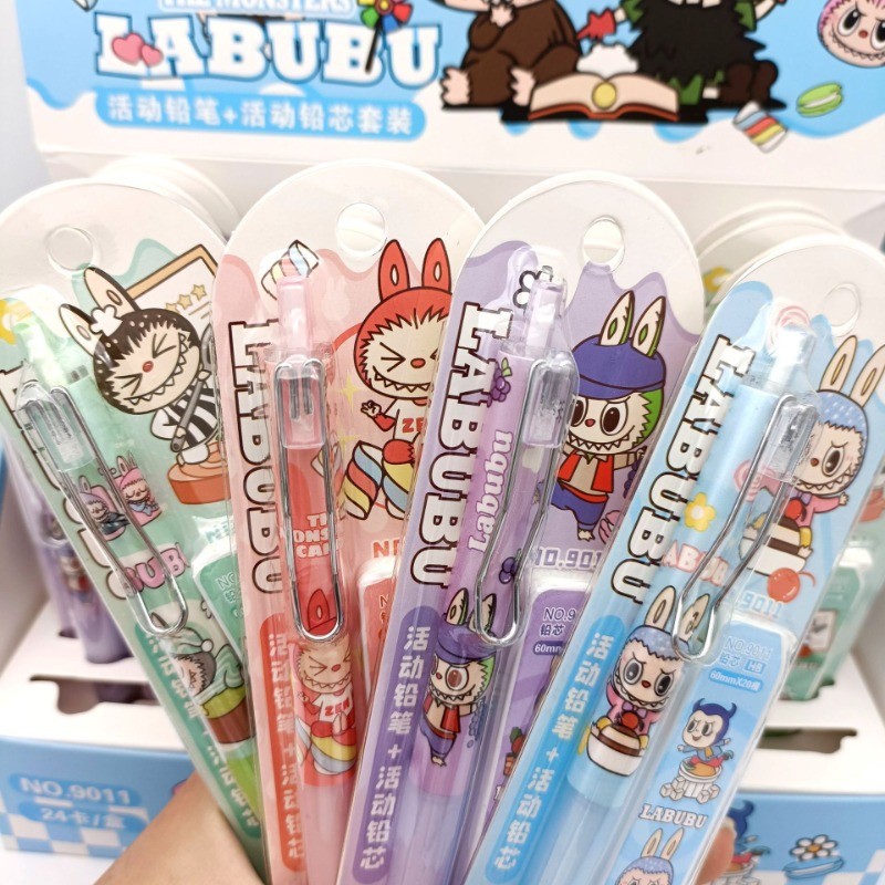 labubuดินสอกด ชุดดินสอกดการ์ตูน Labubu ใหม่ชุดไส้ดินสอ ดินสอ เครื่องเขียน