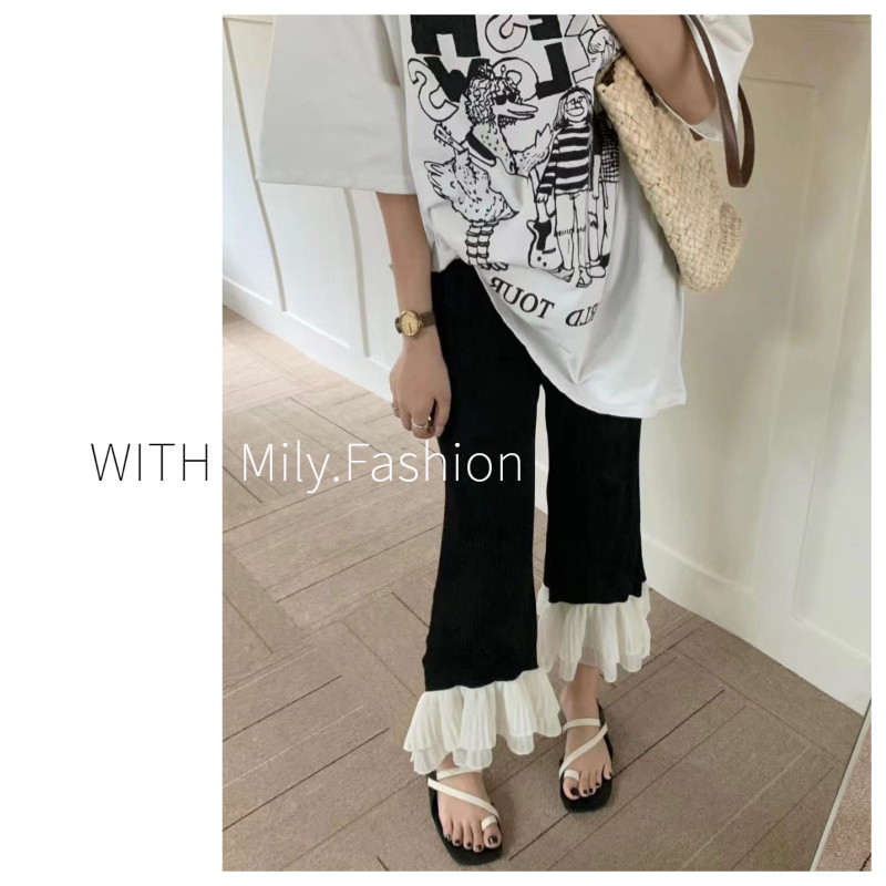 Milyfashion กางเกงลำลองเก้าส่วนสำหรับผู้หญิงกางเกงกีฬาทรงหลวมยางยืดออกแบบใหม่2024ฤดูร้อนกางเกงขาตรงลูกไม้