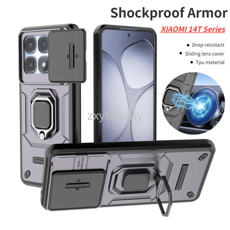 ปลอกสําหรับ Xiaomi 14T Pro 5G 2024 เคสโทรศัพท์กันกระแทกเกราะสไลด์กล้องเลนส์ป้องกันแหวนสําหรับ Mi14T Mi 14TPro Mi14TPro กลับกรณี