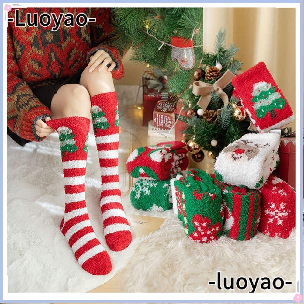 Luoyao ถุงเท้าคริสต์มาส, ถุงเท้าเตียงตุ๊กตาการ์ตูน, ถุงเท้าปุยฤดูหนาวที่อบอุ่นนุ่ม Elk Santa Claus Thicken ถุงเท้าชั้นสําหรับผู้หญิง