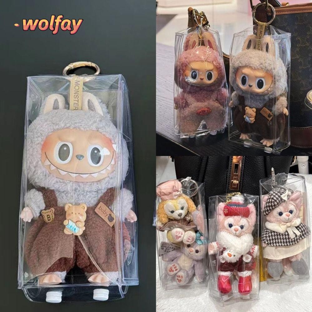 Wolfay กระเป๋าตุ๊กตา,โปร่งใสกันฝุ่น Labubu กระเป๋ากลางแจ้ง,แฟชั่น 17 ซม.ปุ่ม Snap PVC ตุ๊กตาเก็บกระเป๋าของขวัญ