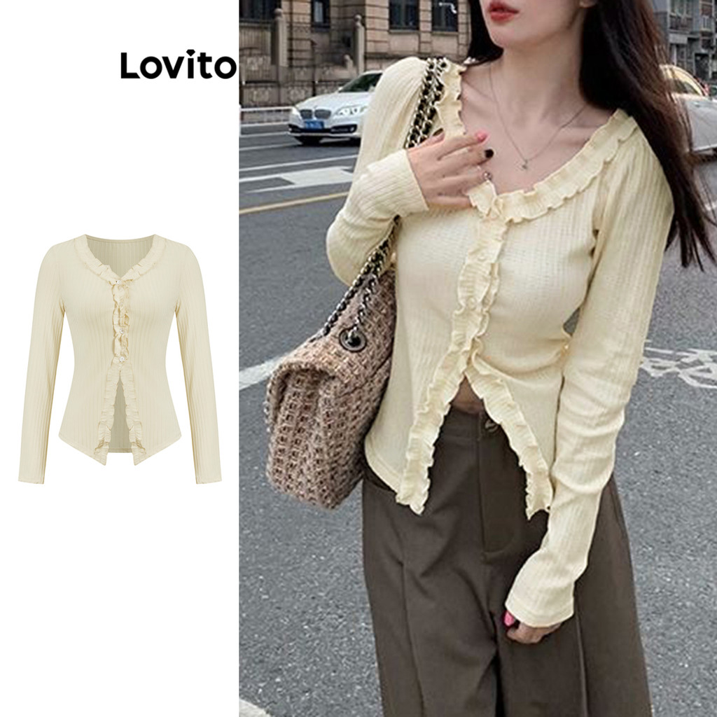 Lovito เสื้อยืดผ้า ระบายคอระบายธรรมดาแบบสบาย ๆ สำหรับผู้หญิง L106AD250