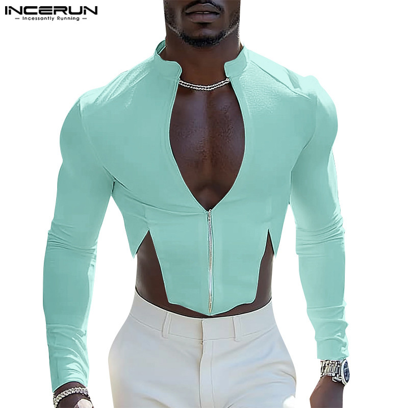 Incerun เสื้อยืดแขนยาวคอวีแฟชั่นวินเทจสําหรับผู้ชาย