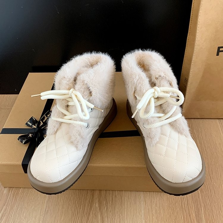 รองเท้าบูทผู้หญิงแฟชั่นเกาหลีรอบนิ้วเท้าแบนผูกเชือกท่อสั้นบวกกำมะหยี่รองเท้าหิมะที่อบอุ่นขนาด35-40 - รูปที่ 5