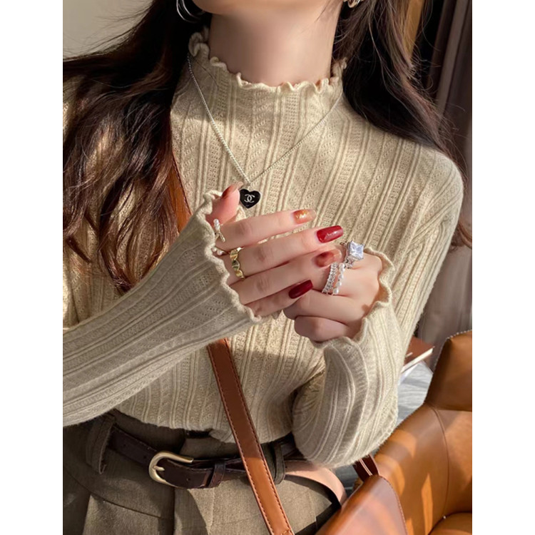 Suxi ฤดูใบไม้ร่วงใหม่ Ruffled ครึ่งคอเต่าแขนยาว Knitwaer เสื้อกันหนาวผู้หญิง 241012