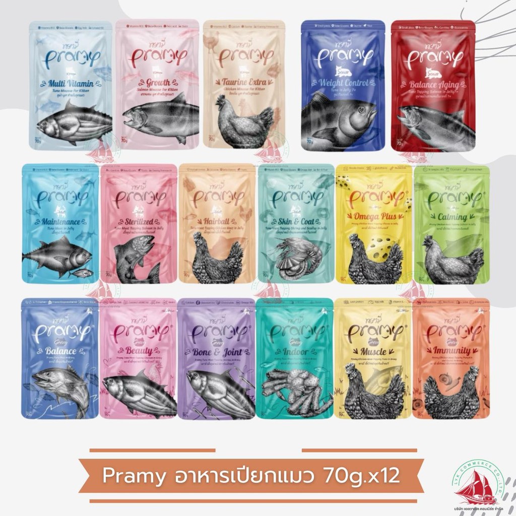 Pramy พรามี่ อาหารแมวเปียก สูตรสำหรับลูกแมว แมวโต แมวสูงวัย ขนาด 70g. x12