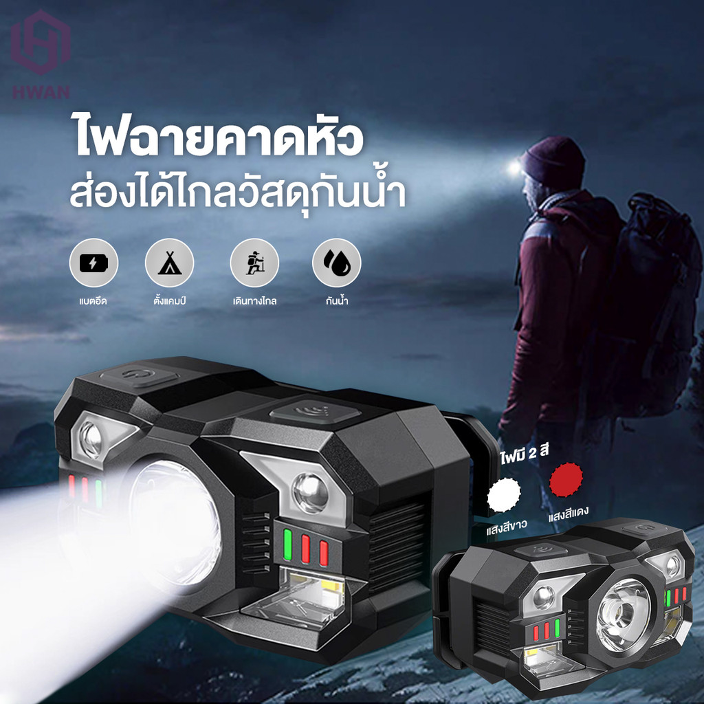 ไฟคาดหัว ไฟฉายคาดหัว 5 โหมด ไฟหน้ากลางแจ้ง 1800mAh ไฟหน้าแคมป์ปิ้ง ไฟหน้าแบบชาร์จไฟได้ น้ำหนักเบา ส่องได้ไกล พกพาสะดวก