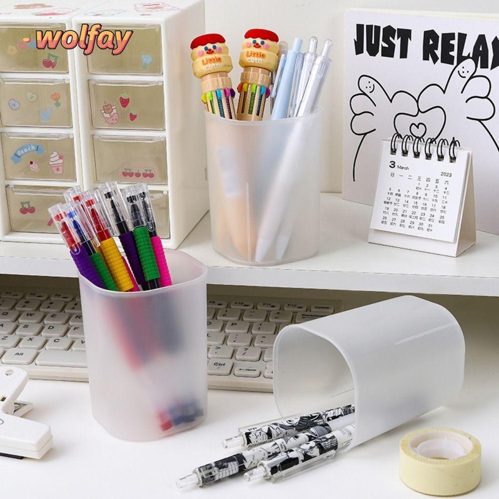 Wolfay ที่ใส่ปากกา 1 ชิ้น, ที่วางแปรง ที่ใส่ดินสอ Frosted, ที่เก็บโต๊ะพลาสติกน่ารัก, กล่องเก็บเครื่องสําอางสไตล์มินิมอล