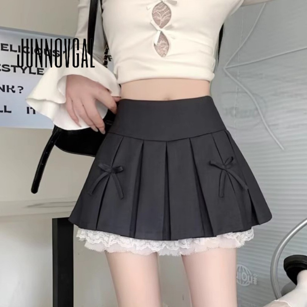 Junnovgal กระโปรงมินิผู้หญิง Nipped เอว A-Line 2024 สีทึบสไตล์สตรีทแวร์ใหม่