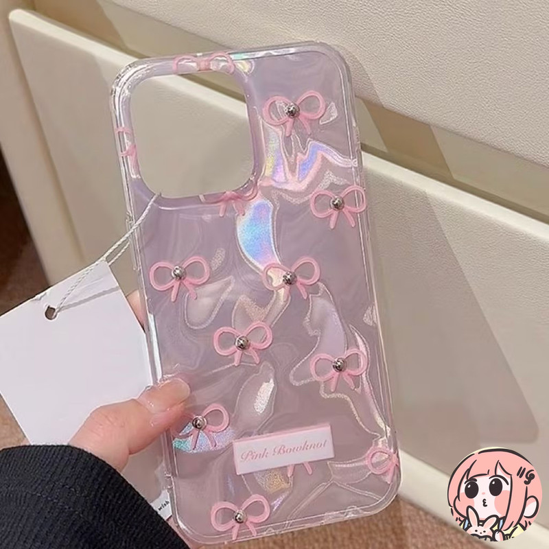 เคส Bowknot สีชมพูแฟนตาซีน่ารักเข้ากันได้ เคสไอโฟน 11 12 14 15 16 13 Pro Max XR 16 8 7 Plus X XS Max SE 2020ฝาครอบมันวาว