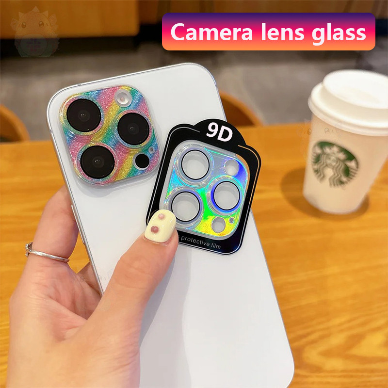 หรูหรา Aurora เลเซอร์คริสตัล Rainbow เลนส์กล้องแก้ว 9H ฟิล์มสําหรับ iPhone 16 15 14 Pro Max Plus HD กล้อง Protector ฝาหลัง