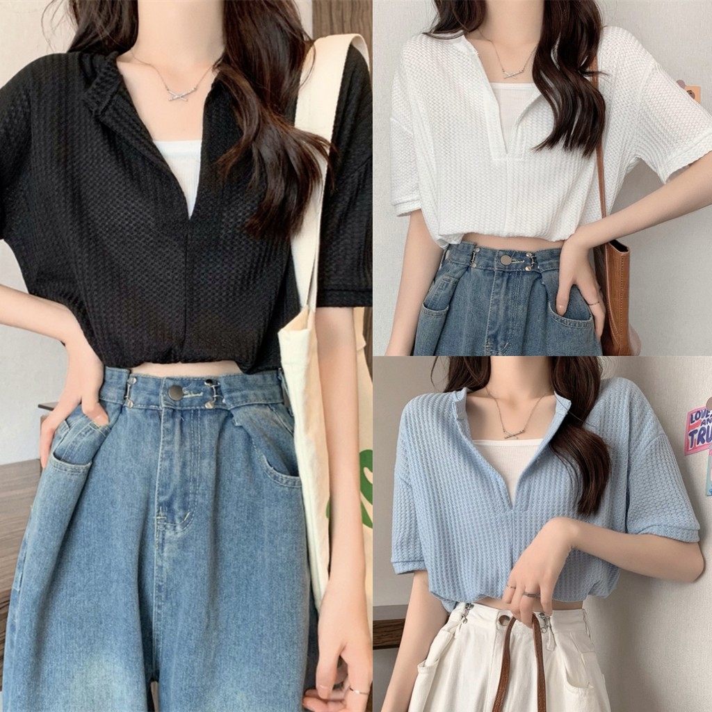 Bella Shop เสื้อยืดสองชิ้นปลอมดีไซน์ฤดูร้อนใหม่ เสื้อเชิ้ตแขนสั้นสีขาวอเนกประสงค์ เนื้อผ้าวาฟเฟิล เสื้อตัวสั้นสำหรับผู้หญิง