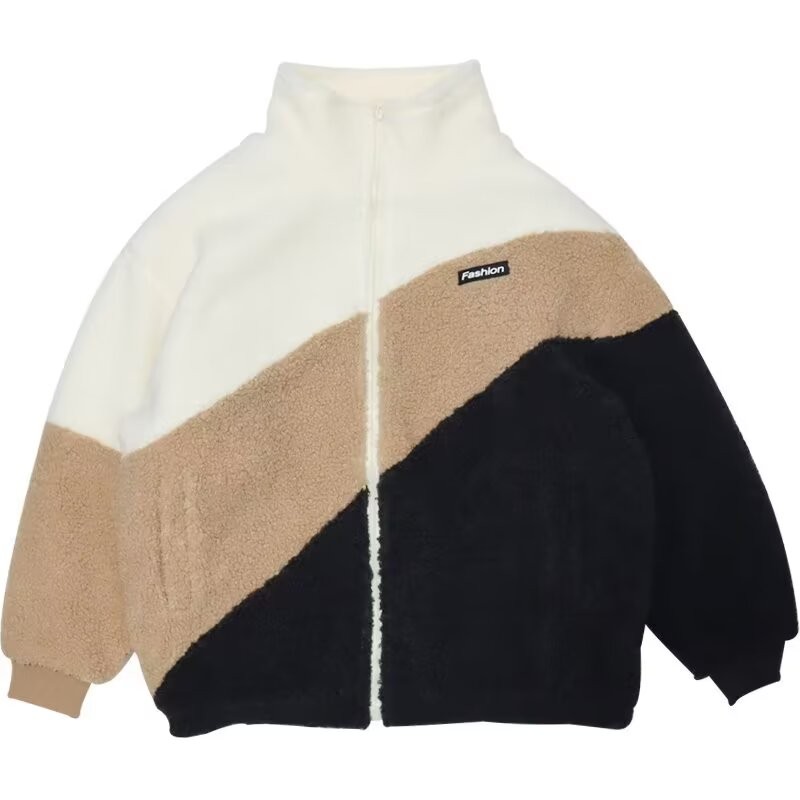 Esea Winter Coat Stand Collar Color Matching Lamb Wool ขนแกะเรียงรายหนาหลวมใหม่