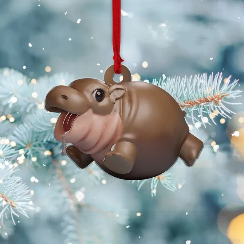 Moo deng The Pygmy hippo ฮิปโปโปเตมัส เครื่องประดับต้นคริสต์มาส วัสดุอะคริลิก การจำลองสัตว์ป่าฮิปโป