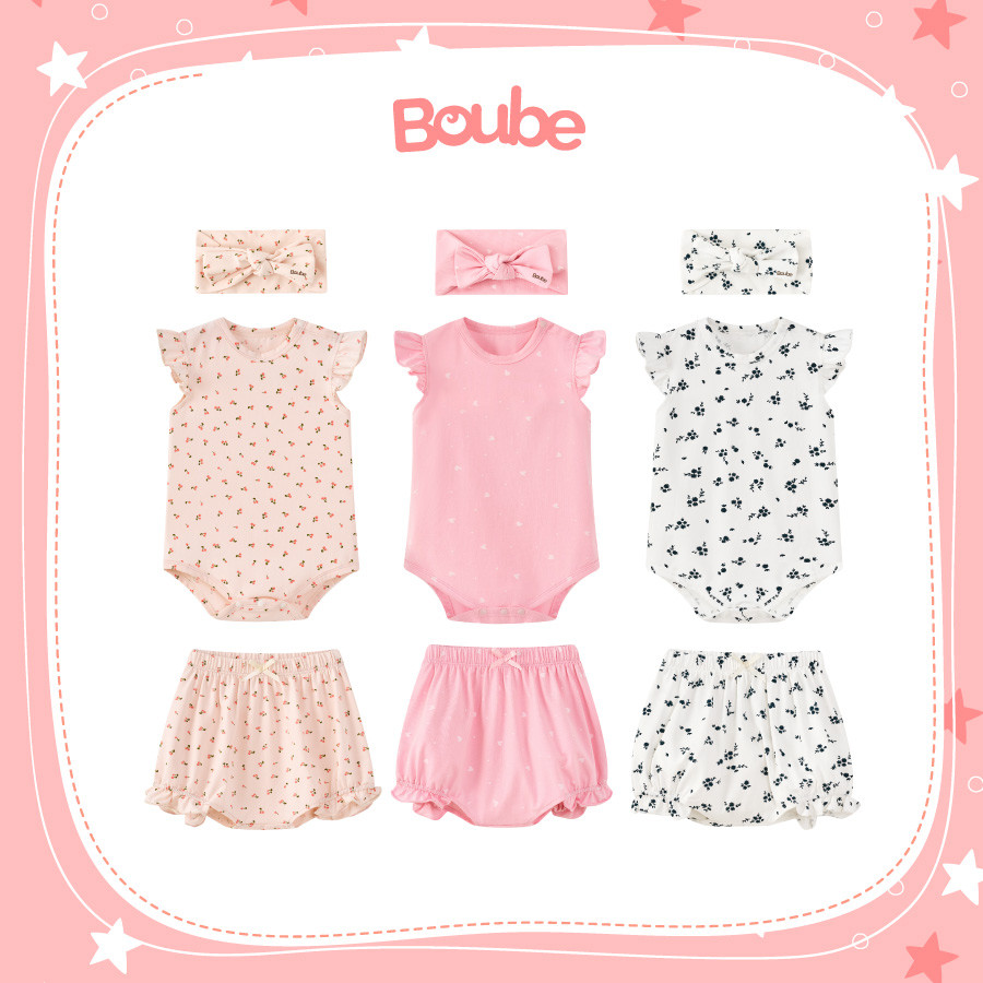 ชุดกางเกงระบายพร้อมบอดี้ชิปและที่คาดผมลายสําหรับเด็กแรกเกิดและเด็กทารกหญิง โบube ผ้าคอตตอน