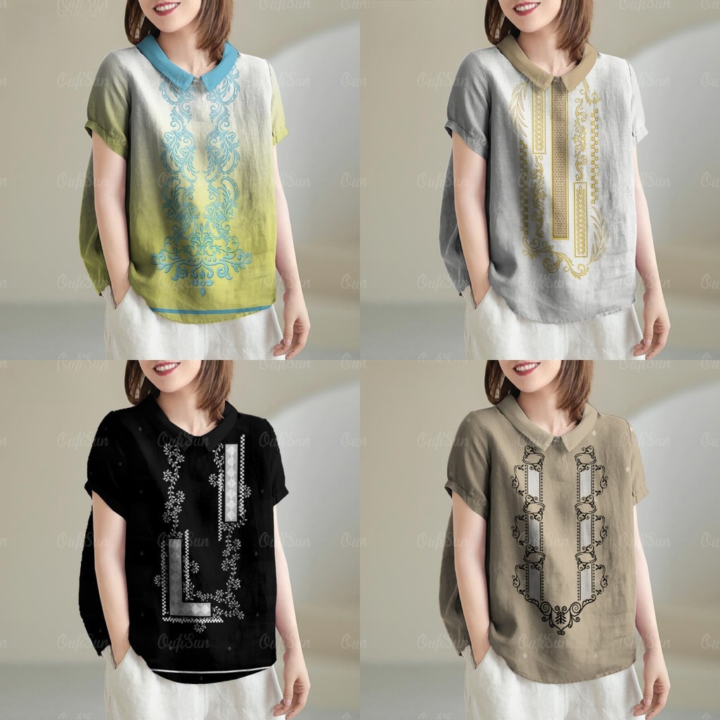 Asean เครื่องแต่งกายสําหรับผู้หญิงผ้าฝ้ายและผ้าลินินเสื้อผู้หญิงหลวมแขนสั้นเสื้อยืดฤดูร้อนเสื้อปก Retro สไตล์ชาติพันธุ์ผู้หญิงs Top1