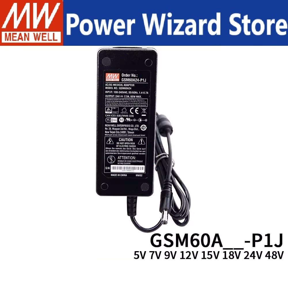 MEAN WELL GSM60A GSM60A05-P1J GSM60A12-P1J GSM60A15-P1J GSM60A48-P1J 60W AC-Adaptor ทางการแพทย์สีเขี