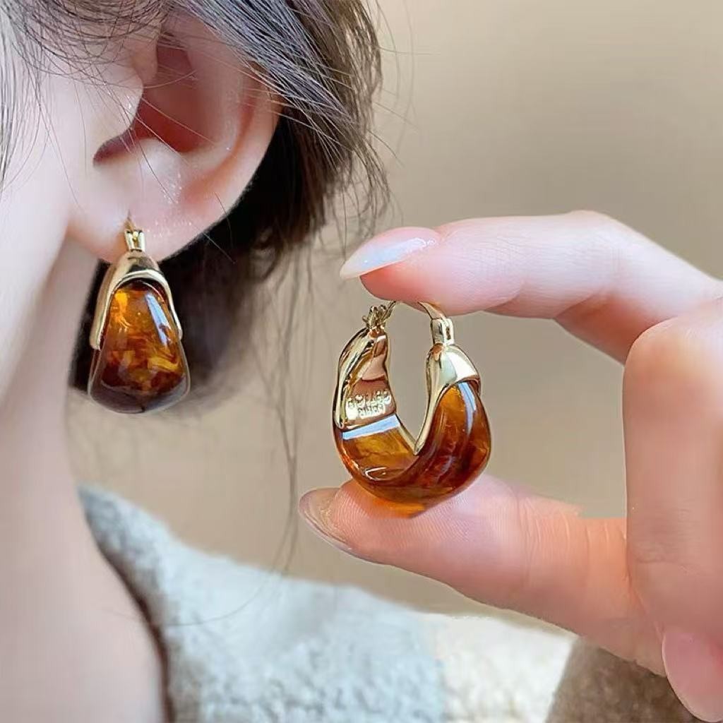 ต่างหูเข็มเงิน S925 Retro Amber สีกาแฟ สไตล์ฮ่องกง คอลเล็กชันหรูหรา